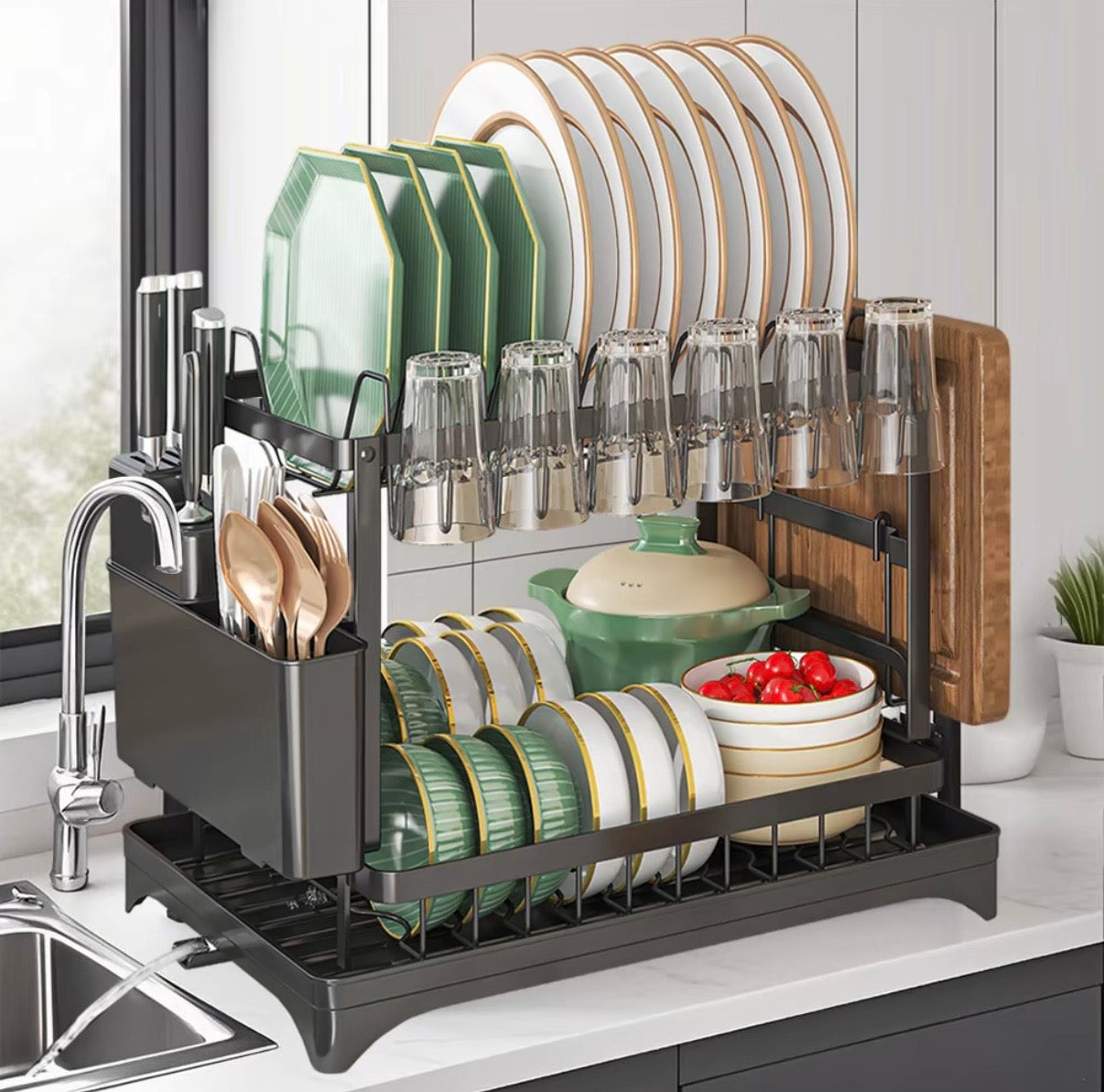 Égouttoir Vaisselle Inox – Grand Organisateur de Cuisine Anti-Rayures avec Plateau d'Écoulement