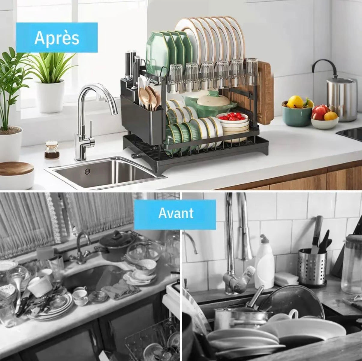 Égouttoir Vaisselle Inox – Grand Organisateur de Cuisine Anti-Rayures avec Plateau d'Écoulement