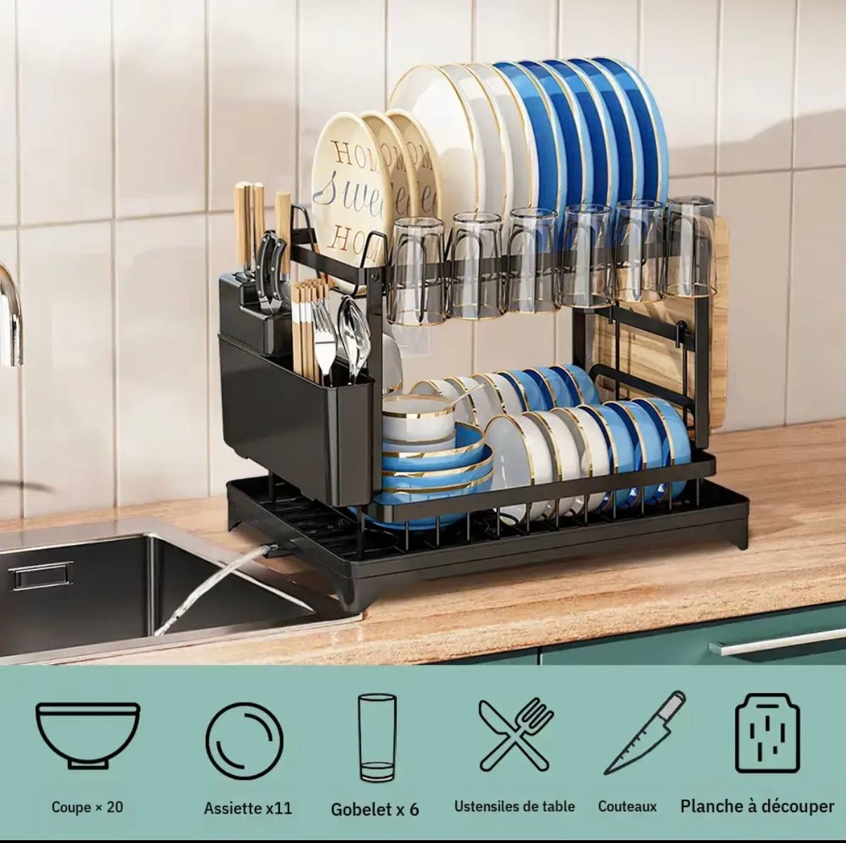 Égouttoir Vaisselle Inox – Grand Organisateur de Cuisine Anti-Rayures avec Plateau d'Écoulement